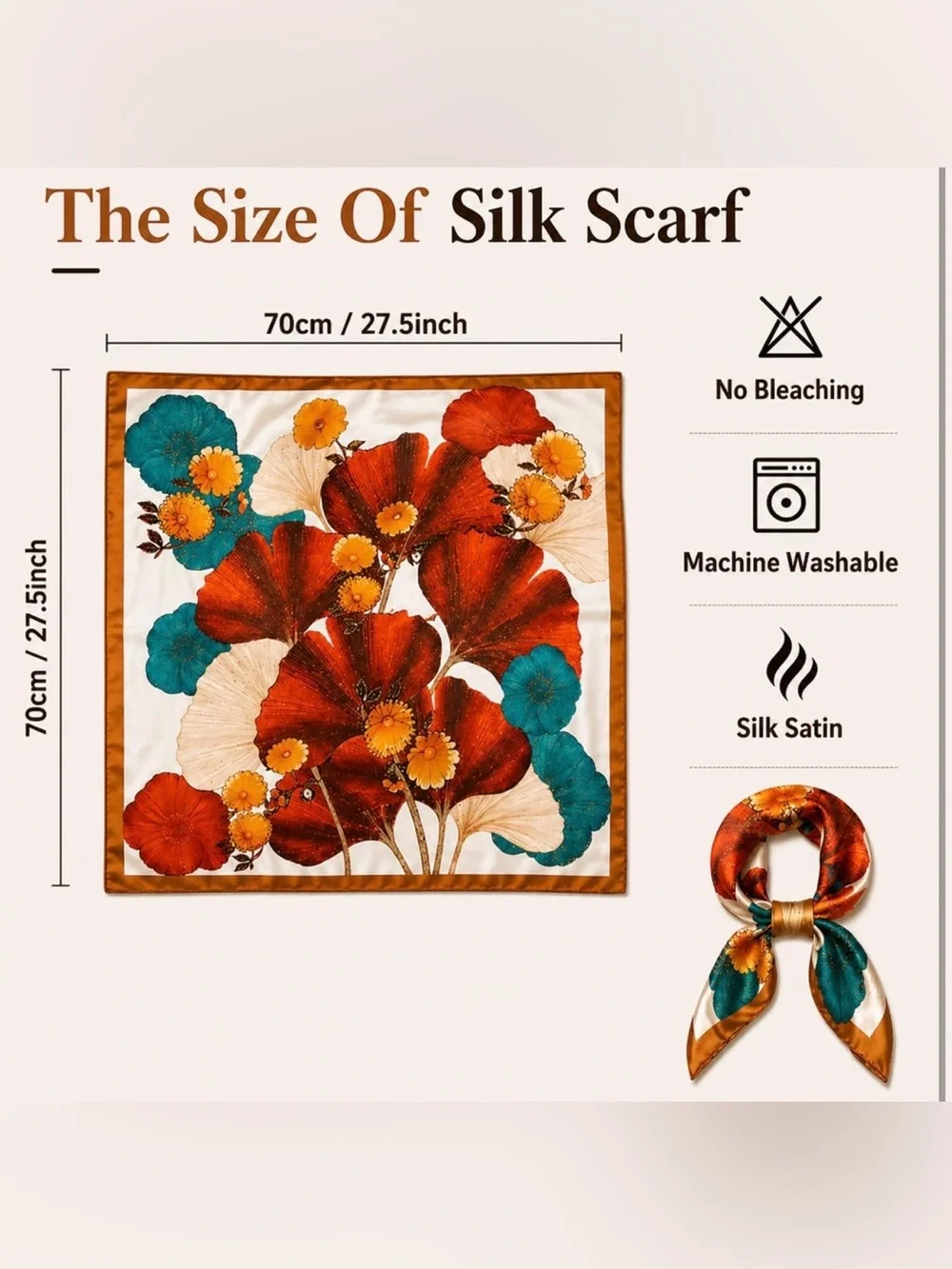 Wrapables Red Ginkgo Satin square scarf botanical fall Earth Tone